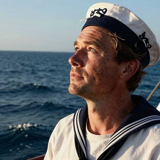 Photograph of a sunlit, middle-aged Caucasian man with short brown hair, wearing a white sailor hat and navy uniform, gazing at the calm