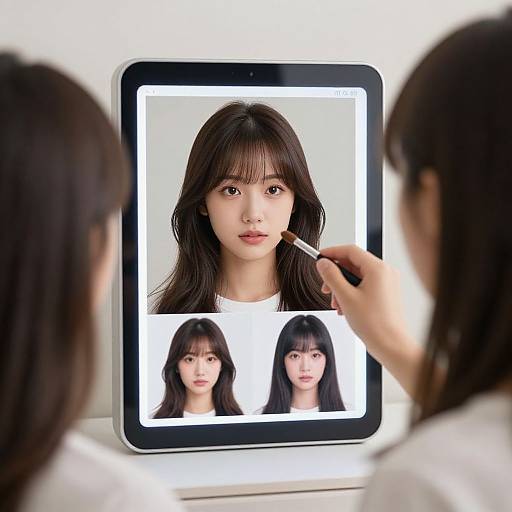 Photograph of an Asian woman with long brown hair, using a digital tablet to apply makeup to her reflection on the screen.