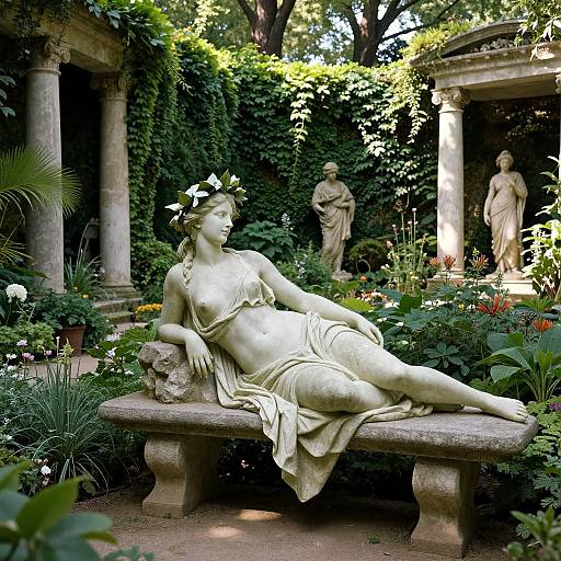 Photograph of a classical garden statue, a reclining nude woman with a floral crown, on a stone bench, surrounded by lush greenery and two