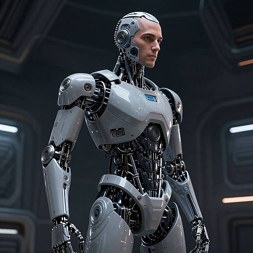 Futuristic Half-Human Half-Robot in Space Station