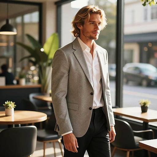 Photograph of a handsome, blond, bearded man in a light gray blazer, white shirt, and black pants standing in a sunlit,