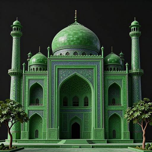 Photorealistic digital artwork of a green, intricately detailed, Mughal-style mosque with a central dome, flanked by two minarets