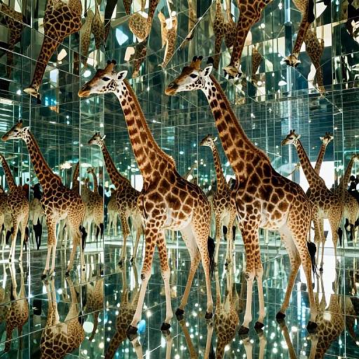 Photograph of multiple giraffe sculptures with brown spots, standing on a reflective, grid-patterned glass floor, illuminated by bright lights.