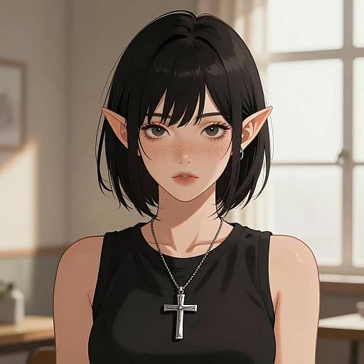 Anime Elf Woman in Warm Interior