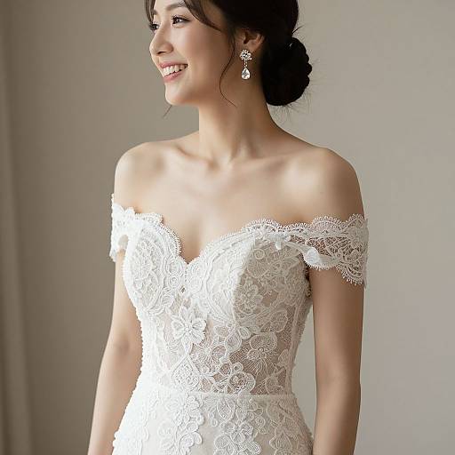 Photograph of a smiling Asian bride with fair skin, wearing an off-shoulder white lace wedding dress and elegant drop earrings, looking to the side