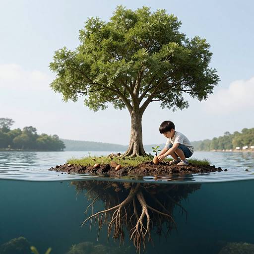 Photograph of a boy in a white shirt planting on a small island tree with visible roots, reflected in a calm lake.
