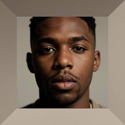 Photograph of a serious, dark-skinned young man with short hair, subtle stubble, and a neutral expression, framed by a white, rectangular