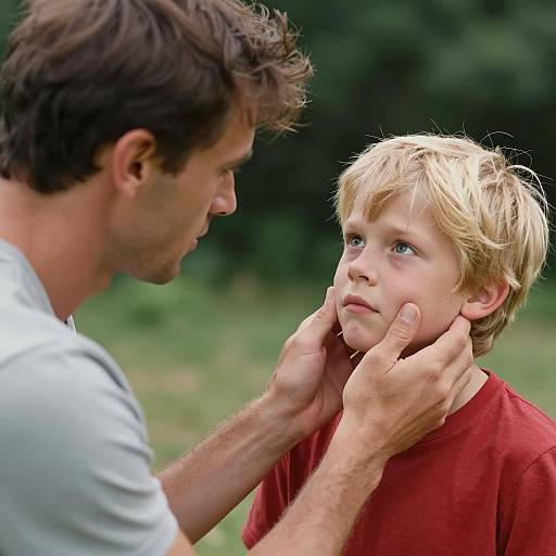 Concerned Father and Son Moment Outdoors