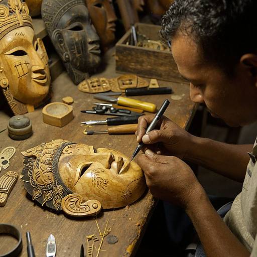 Photograph of a skilled artisan with dark skin, focused on intricately carving a wooden mask with detailed patterns, surrounded by tools and other masks in a