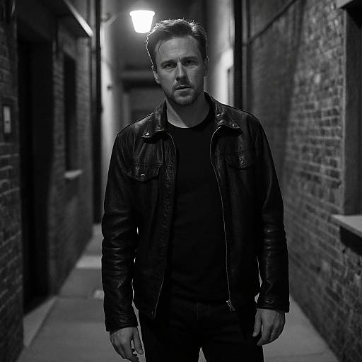 Photograph of a serious, middle-aged man with short brown hair, wearing a black leather jacket and black shirt, standing in a dimly lit,