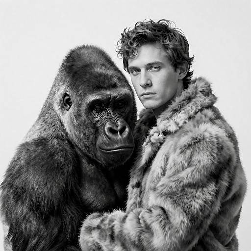 Black-and-White Embrace: Man and Gorilla