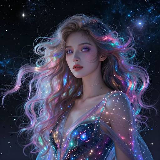 Digital artwork of a fair-skinned, blonde woman with flowing, iridescent hair, wearing a glowing, starry dress against a cosmic night sky