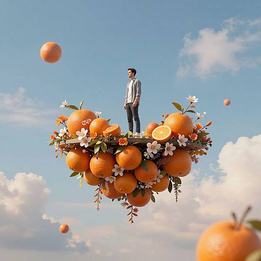 Photorealistic digital art: Man in white shirt and jeans stands on a floating platform of oranges, white flowers, and citrus fruits against a bright blue