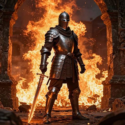Photograph of a silhouetted armored knight with helmet and sword, standing in front of a blazing inferno under a stone archway.