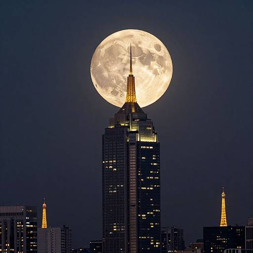 Photograph of a full moon behind a brightly lit, tall skyscraper, with smaller illuminated buildings and dark, night sky.