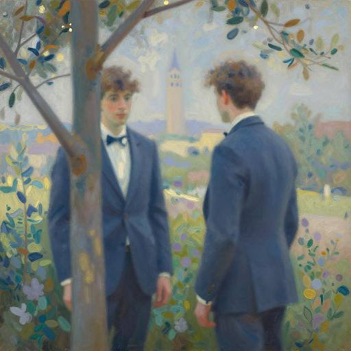 Two Men in Blue Suits in Impressionist Garden