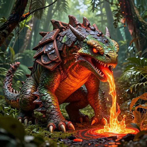 Digital art of a fierce, green-scaled dragon with red-orange underbelly and fiery breath, standing in a dense, lush forest. Detailed armor