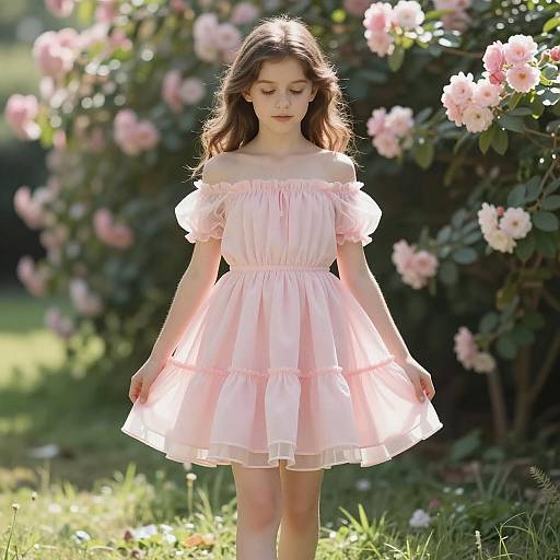 Young girl in pink princess dress in garden
