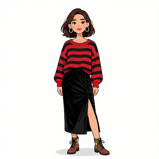 Digital illustration of a young woman with short brown hair, wearing a red and black striped sweater, black skirt with a side slit, brown boots, and