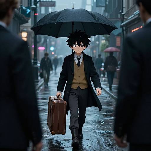 Anime-style illustration of a young man in a suit, holding an umbrella and briefcase, walking on a rainy city street at night. Blurry pedestrians