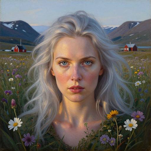 Digital painting of a fair-skinned woman with silver hair in a wildflower field, red cabins in the background, mountains and snow under a blue sky