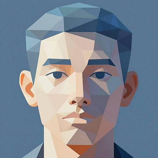 Digital geometric portrait of a man with short blue hair, angular features, light skin, and blue background, using polygonal shapes.