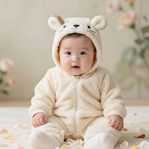 Photograph of a chubby, fair-skinned baby with wide eyes, wearing a white bear-themed, fluffy onesie and sitting on a soft, white