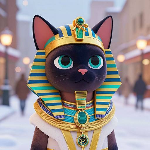 Digital artwork of a black cat with large blue eyes, wearing an Egyptian-style headdress and jewelry, standing in a snowy street.