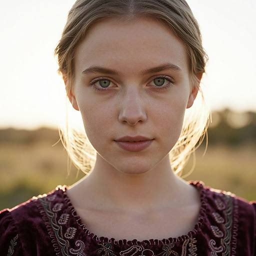 Photograph of a young woman with fair skin, blue eyes, and light brown hair in a loose bun, wearing a maroon dress with intricate embroidery