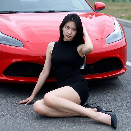 Woman Posing by Red Sports Car
