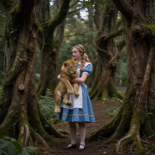 Photograph: A young blonde girl in a blue dress and white apron, holding a fluffy brown bear, stands in a dense, mossy forest