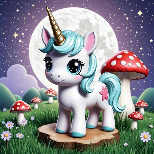 Chibi Pastel Unicorn Pony in Moonlit Mushroom Meadow