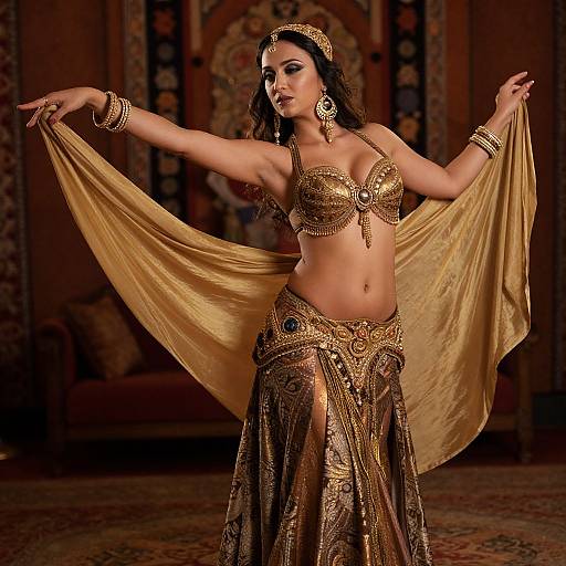 Photograph of a Middle Eastern dancer with dark hair, wearing a gold beaded bra and ornate skirt, spreading a gold shawl in an op