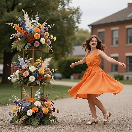 Woman Spinning in Orange Dress Near Floral Stand