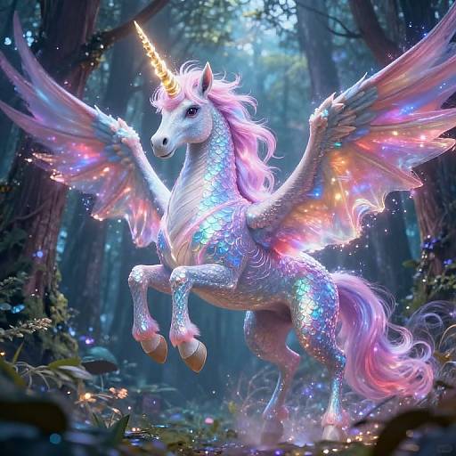Digital fantasy artwork of a radiant, iridescent unicorn with glowing wings and a sparkling horn, leaping in a magical forest.