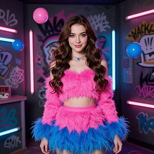 Photograph of a young woman with long brown hair, wearing a neon pink and blue fluffy crop top and skirt, standing in a graffiti-covered, neon