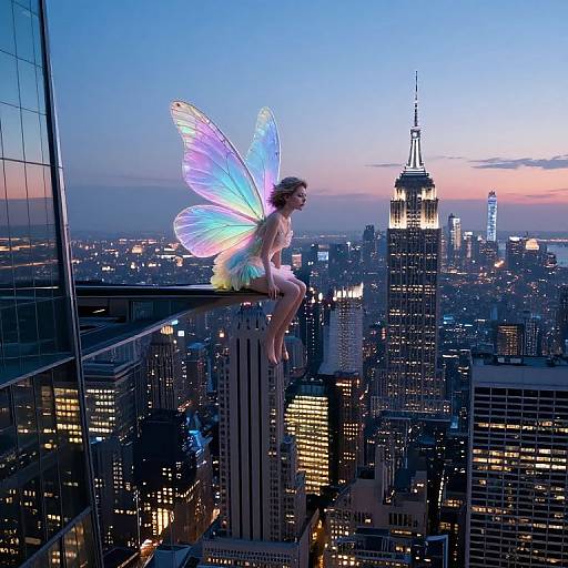 Photograph of a fairy with glowing, multicolored wings, sitting on a skyscraper rooftop, overlooking a twilight-lit New York City skyline with