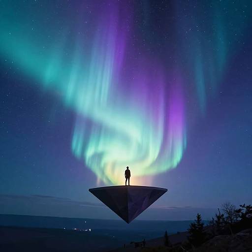 Silhouetted figure standing on a triangular platform beneath vibrant northern lights, with a starry night sky and distant lights below. Photograph.