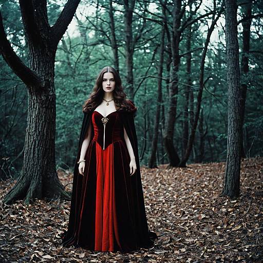 Woman in Red Gothic Dress and Cape in Forest