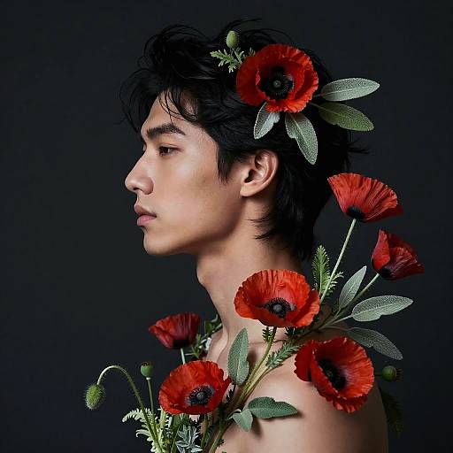 Stylized Young Man with Poppies and Sage