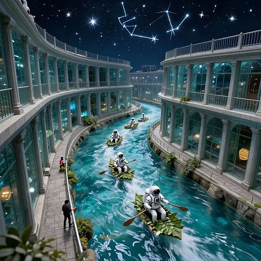 Digital artwork: Nighttime, starry sky with constellation, two illuminated, classical-style buildings flanking a vibrant, blue-water canal with people in boats