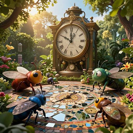 Whimsical CGI image of colorful, insect-like creatures with translucent wings gathering around a vintage, ornate clock in a sunlit, lush garden.