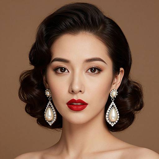 Photograph of an East Asian woman with fair skin, wavy black hair, red lipstick, and pearl teardrop earrings, against a brown background