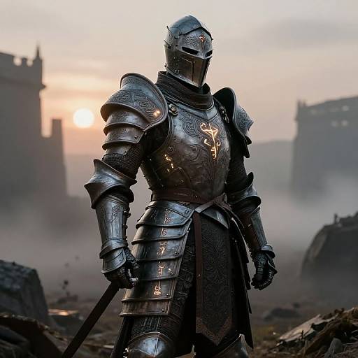 Photorealistic digital art of a armored knight in intricate, glowing silver armor standing in a misty, ruined medieval battlefield at sunset.
