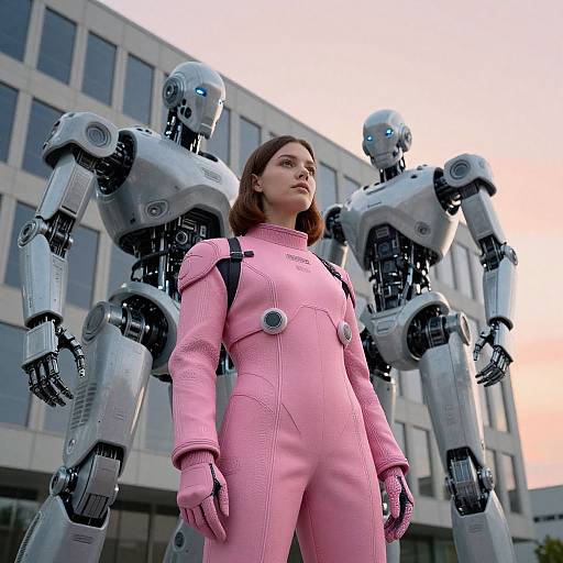 Photograph of a woman in a pink, form-fitting, futuristic bodysuit standing confidently in front of three tall, silver robots, with a