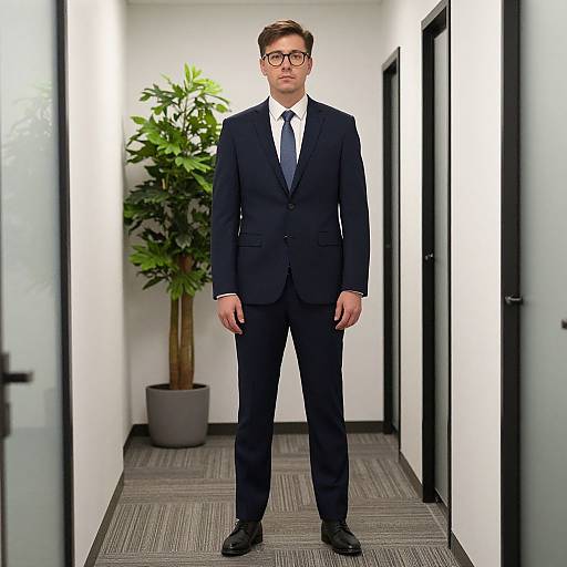 Photograph of a serious young man in a dark blue suit, white shirt, and black tie, standing in a brightly lit office hallway with a p