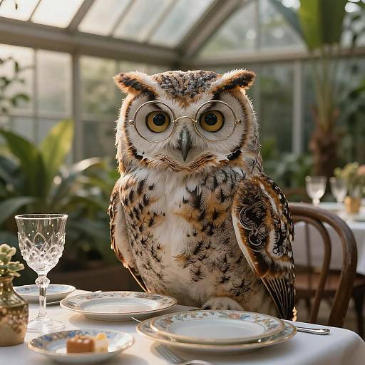 Wise Owl with Glasses at Fine Dining Table