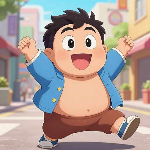 Cartoon image of a chubby, smiling boy with black hair, blue unbuttoned shirt, brown shorts, and blue sneakers, jumping joyfully on