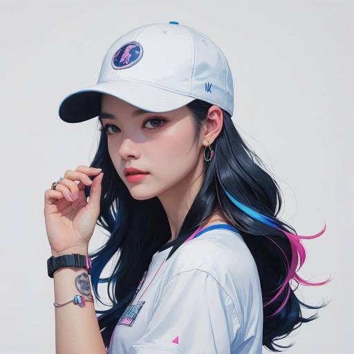 Young Woman with Multi-Colored Hair and White Cap