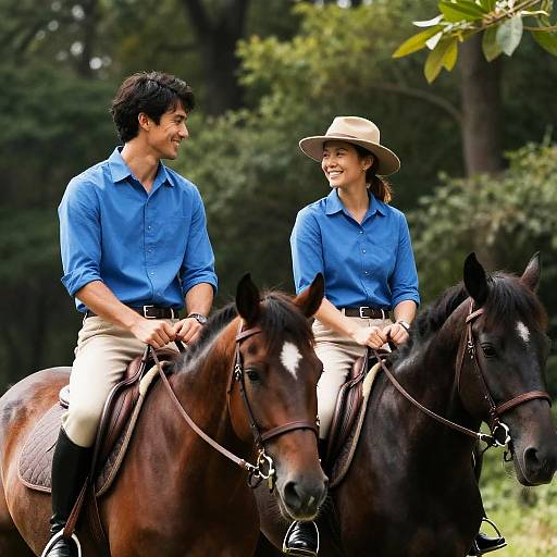 Couple Horseback Riding in Forest
